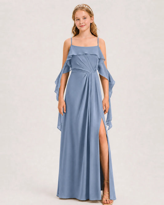 Dusty Blue Chiffon A-line Junior Bridesmaid Dress Front View