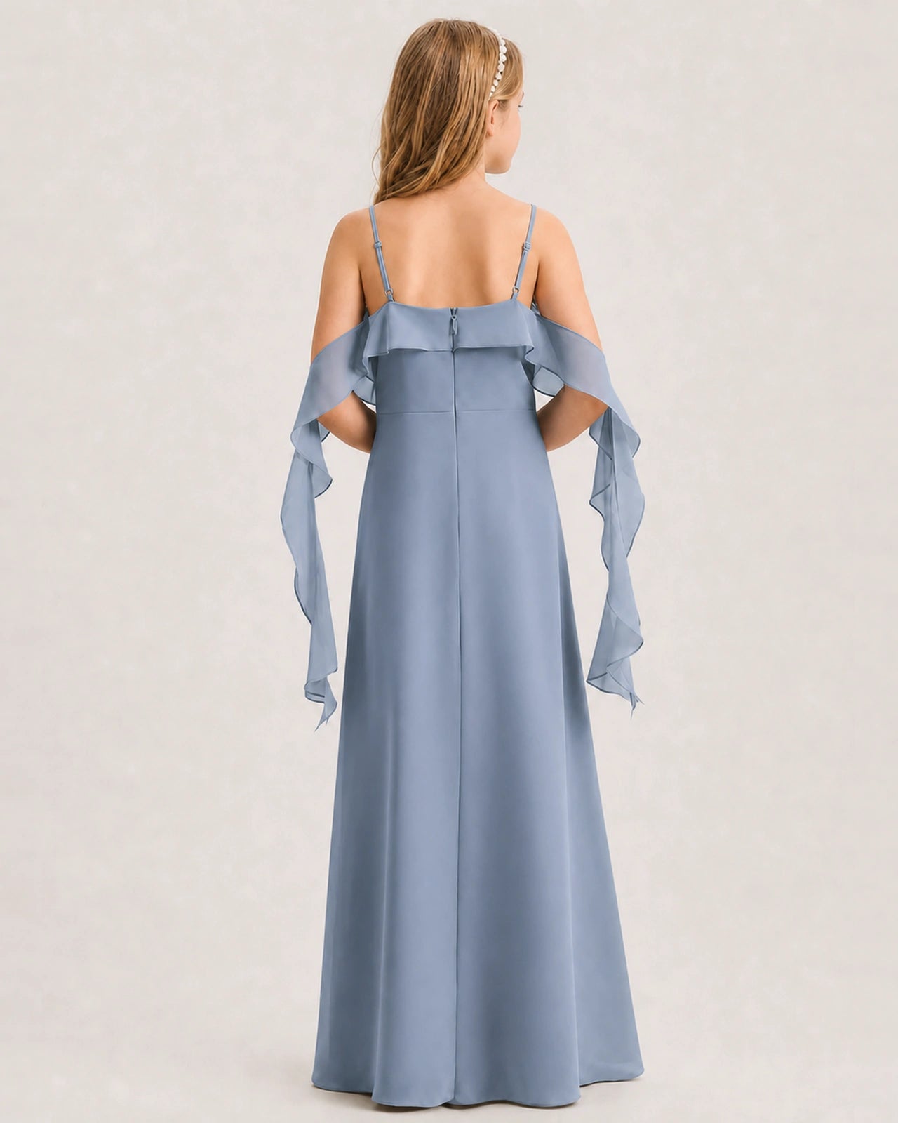 Dusty Blue Junior Bridesmaid Dress Cold-Shoulder Ruffle Asymmetric Draped Slit Chiffon A-Line Gown Back Full View