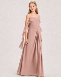 Dusty Rose Junior Bridesmaid Dress Cold-Shoulder Ruffle Asymmetric Draped Slit Chiffon A-Line Gown Front Full View