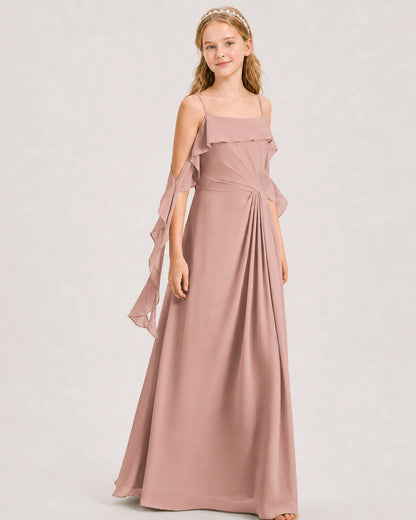 Dusty Rose Junior Bridesmaid Dress Cold-Shoulder Ruffle Asymmetric Draped Slit Chiffon A-Line Gown Front Full View
