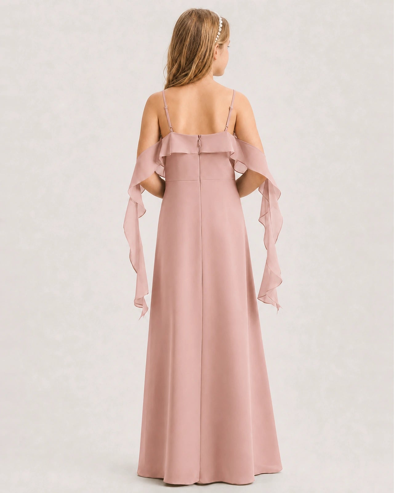 Dusty Rose Junior Bridesmaid Dress Cold-Shoulder Ruffle Asymmetric Draped Slit Chiffon A-Line Gown Back Full View