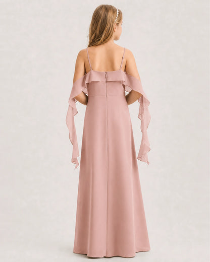 Dusty Rose Junior Bridesmaid Dress Cold-Shoulder Ruffle Asymmetric Draped Slit Chiffon A-Line Gown Back Full View