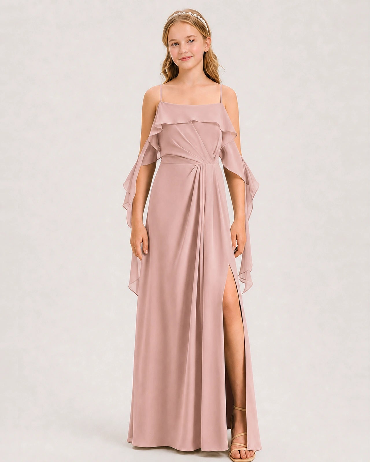 Dusty Rose Junior Bridesmaid Dress Cold-Shoulder Ruffle Asymmetric Draped Slit Chiffon A-Line Gown Front Full View