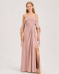 Dusty Rose Junior Bridesmaid Dress Cold-Shoulder Ruffle Asymmetric Draped Slit Chiffon A-Line Gown Front Full View