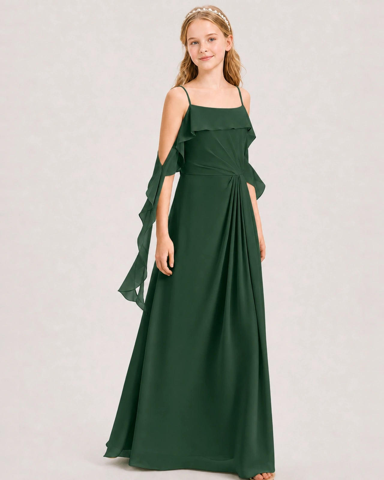 Emerald Green Junior Bridesmaid Dress Cold-Shoulder Ruffle Asymmetric Draped Slit Chiffon A-Line Gown Front Full View