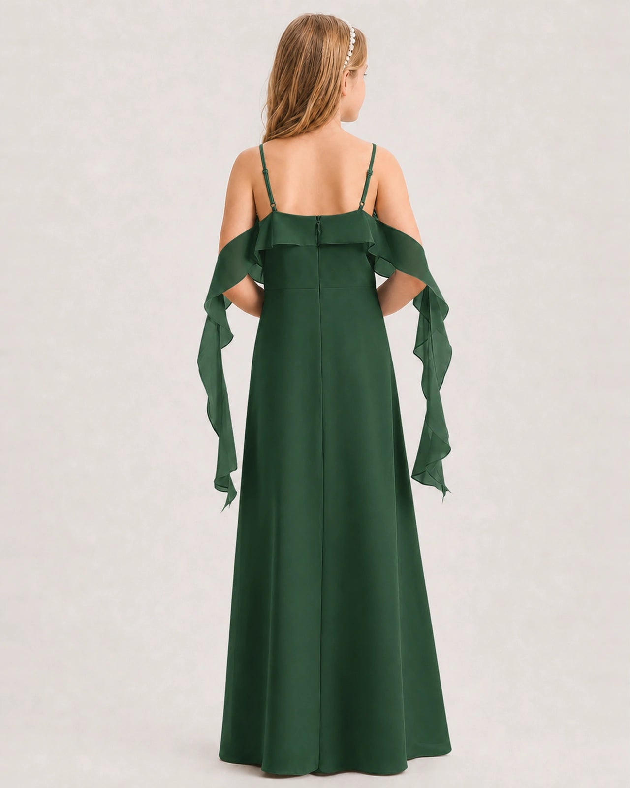 Dideyttawl Chiffon Junior Bridesmaid Dress with Flutter Cold Shoulder, Dark Green / 8