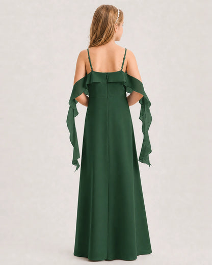 Emerald Green Junior Bridesmaid Dress Cold-Shoulder Ruffle Asymmetric Draped Slit Chiffon A-Line Gown Back Full View