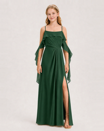 Emerald Green Junior Bridesmaid Dress Cold-Shoulder Ruffle Asymmetric Draped Slit Chiffon A-Line Gown Front Full View