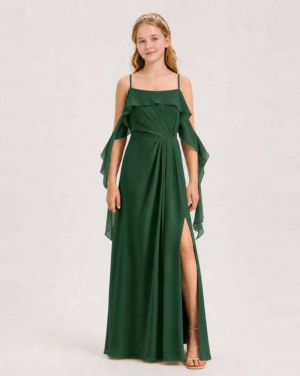 Emerald Green Junior Bridesmaid Dress Cold-Shoulder Ruffle Asymmetric Draped Slit Chiffon A-Line Gown Front Full View