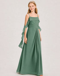 Eucalyptus Junior Bridesmaid Dress Cold-Shoulder Ruffle Asymmetric Draped Slit Chiffon A-Line Gown Front Full View