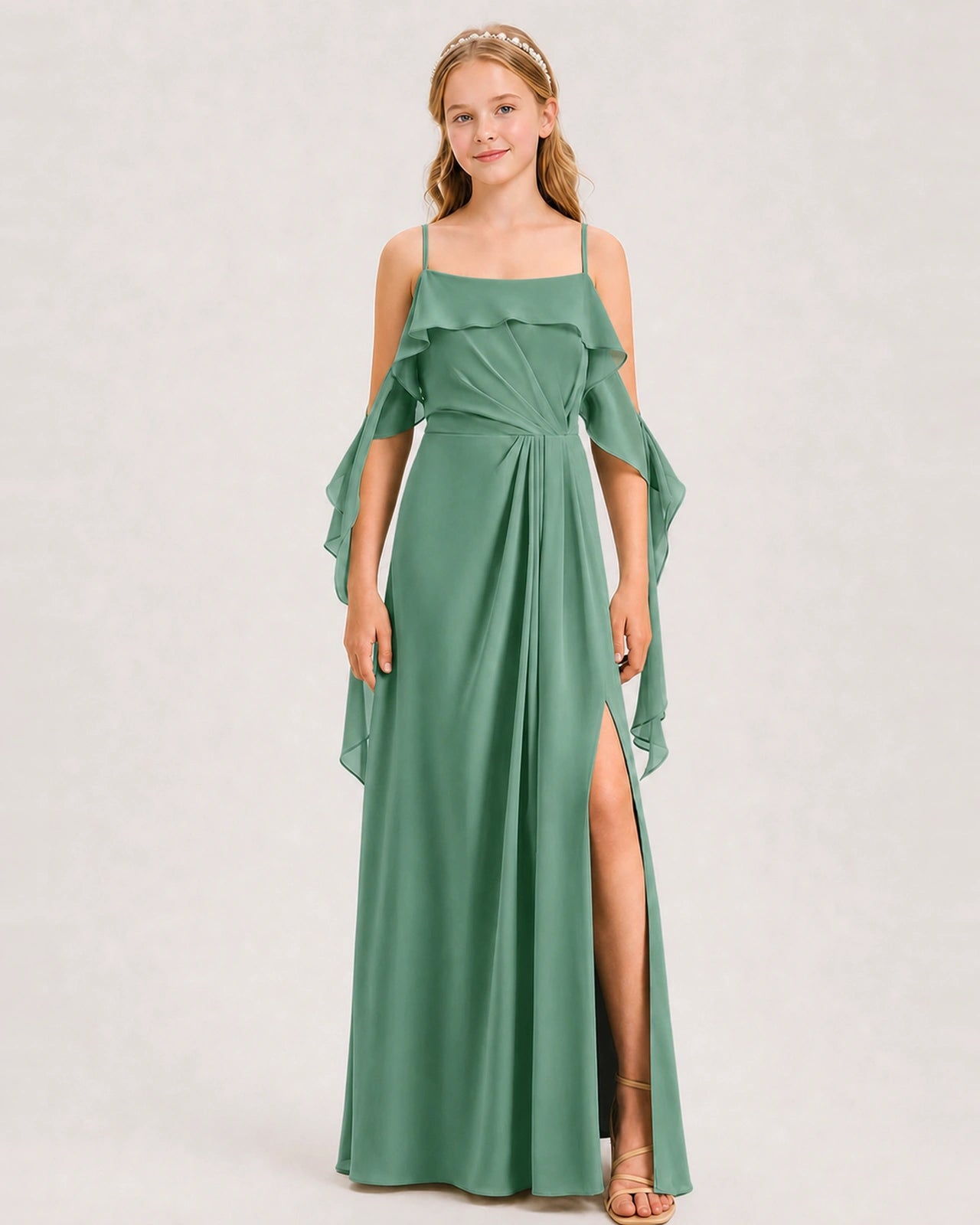 Eucalyptus Junior Bridesmaid Dress Cold-Shoulder Ruffle Asymmetric Draped Slit Chiffon A-Line Gown Front Full View