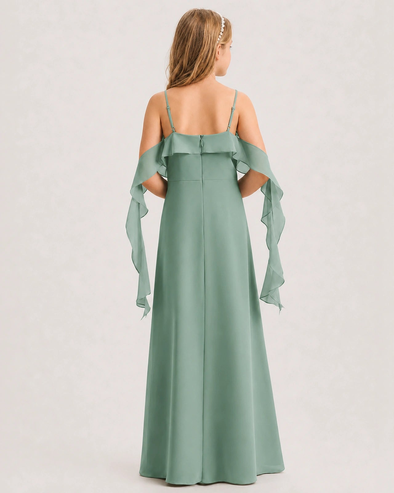 Eucalyptus Junior Bridesmaid Dress Cold-Shoulder Ruffle Asymmetric Draped Slit Chiffon A-Line Gown Back Full View