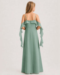 Eucalyptus Junior Bridesmaid Dress Cold-Shoulder Ruffle Asymmetric Draped Slit Chiffon A-Line Gown Back Full View