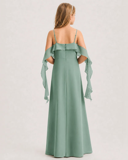 Eucalyptus Junior Bridesmaid Dress Cold-Shoulder Ruffle Asymmetric Draped Slit Chiffon A-Line Gown Back Full View