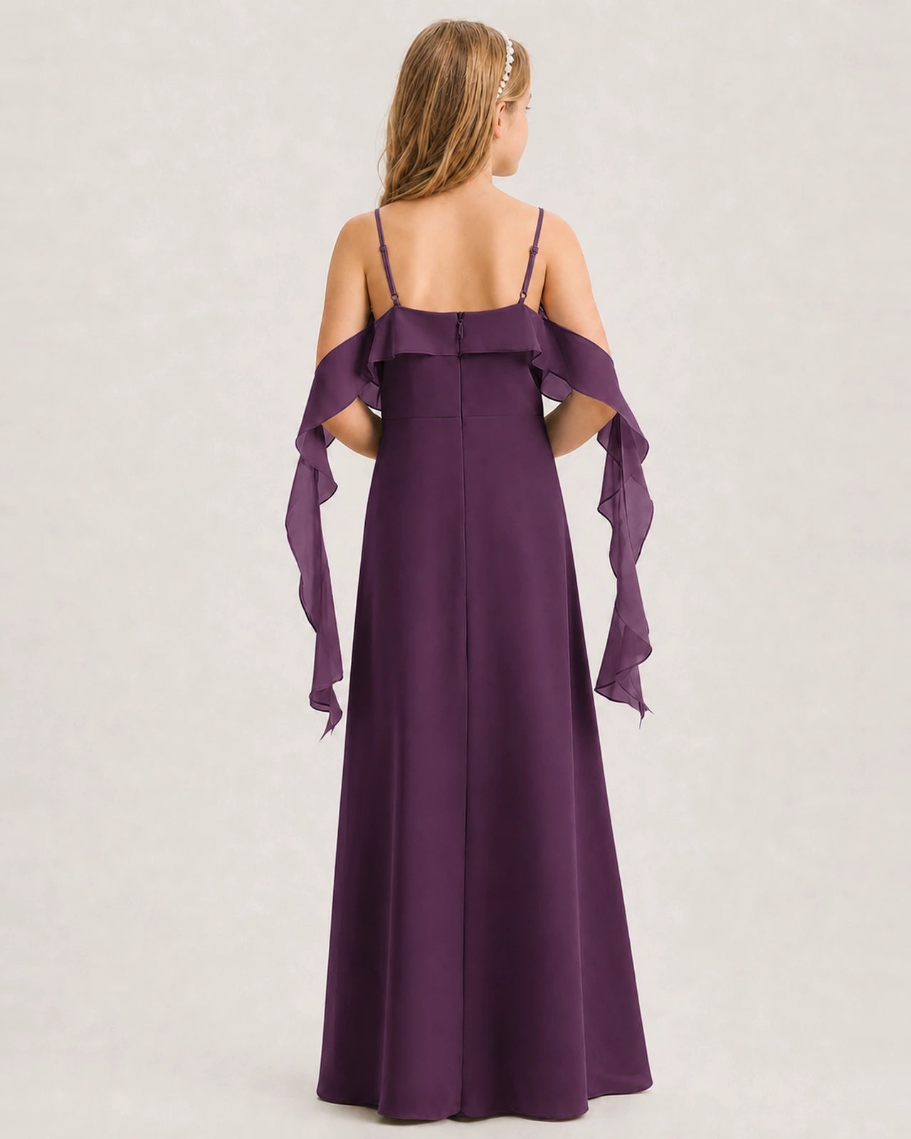 Grape Junior Bridesmaid Dress Cold-Shoulder Ruffle Asymmetric Draped Slit Chiffon A-Line Gown Back Full View