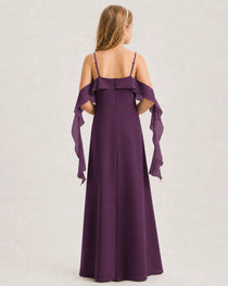 Grape Junior Bridesmaid Dress Cold-Shoulder Ruffle Asymmetric Draped Slit Chiffon A-Line Gown Back Full View