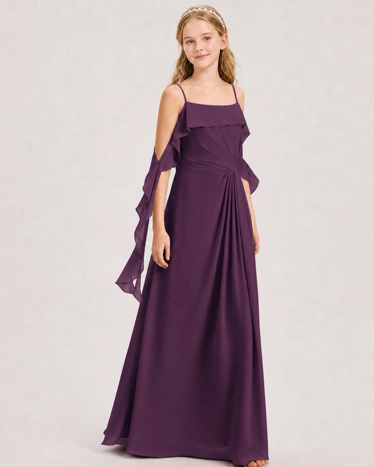 Grape Junior Bridesmaid Dress Cold-Shoulder Ruffle Asymmetric Draped Slit Chiffon A-Line Gown Front Full View