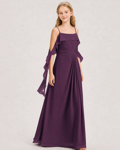 Grape Junior Bridesmaid Dress Cold-Shoulder Ruffle Asymmetric Draped Slit Chiffon A-Line Gown Front Full View