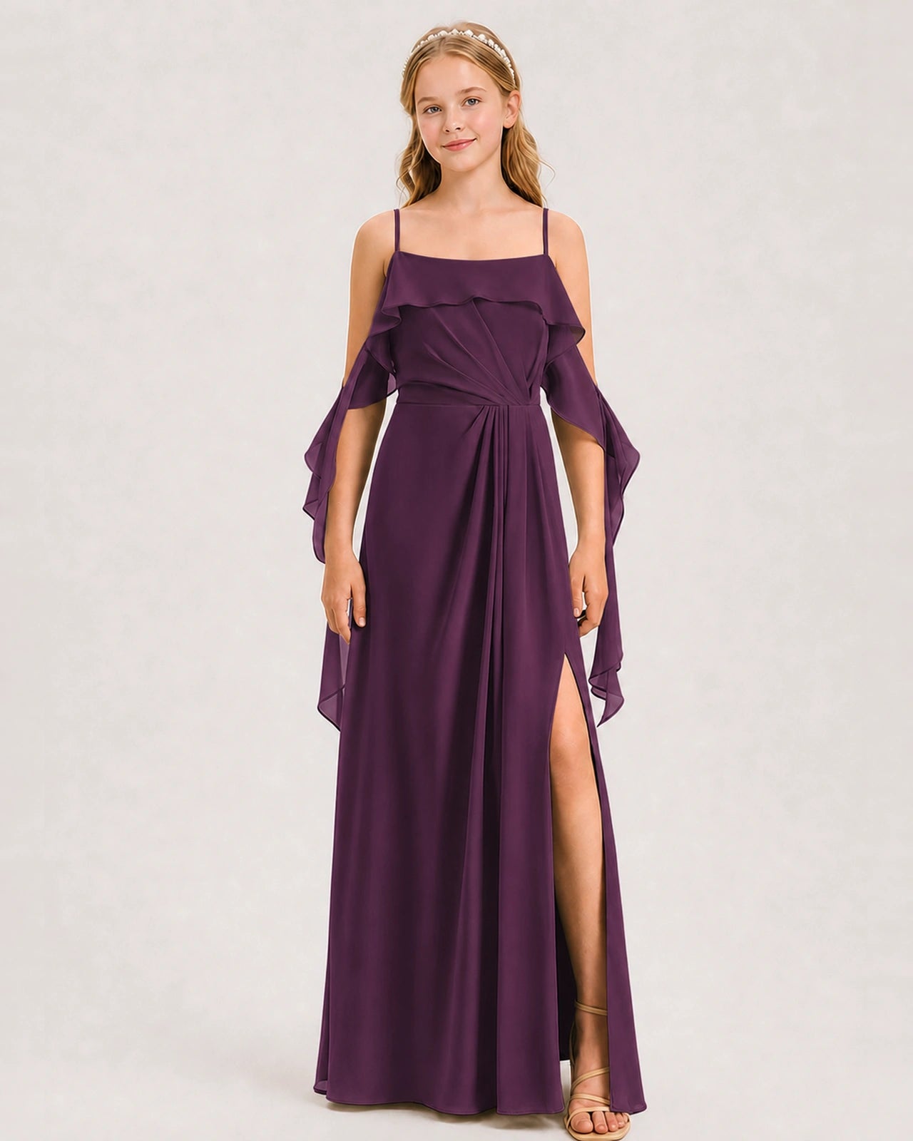 Grape Junior Bridesmaid Dress Cold-Shoulder Ruffle Asymmetric Draped Slit Chiffon A-Line Gown Front Full View