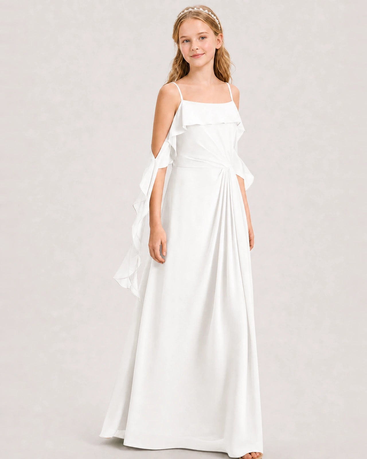Ivory Junior Bridesmaid Dress Cold-Shoulder Ruffle Asymmetric Draped Slit Chiffon A-Line Gown Front Full View