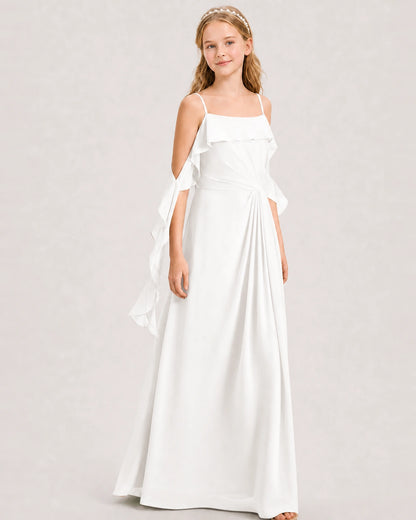 Ivory Junior Bridesmaid Dress Cold-Shoulder Ruffle Asymmetric Draped Slit Chiffon A-Line Gown Front Full View