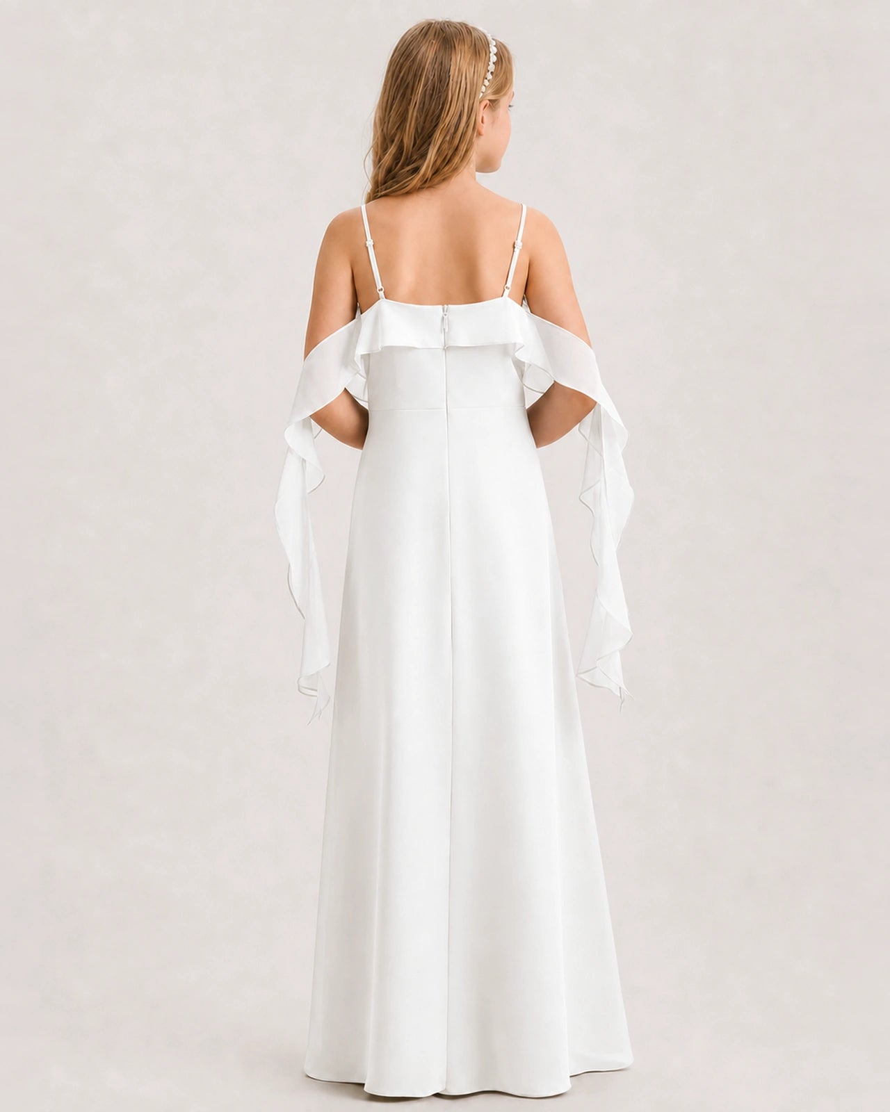Ivory Junior Bridesmaid Dress Cold-Shoulder Ruffle Asymmetric Draped Slit Chiffon A-Line Gown Back Full View