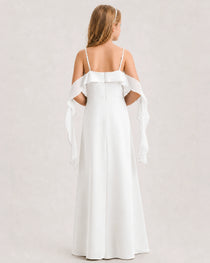 Ivory Junior Bridesmaid Dress Cold-Shoulder Ruffle Asymmetric Draped Slit Chiffon A-Line Gown Back Full View