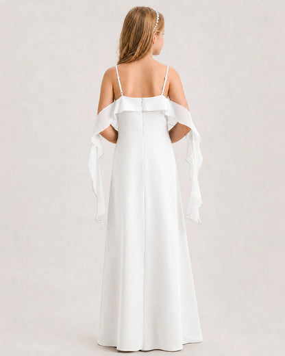 Ivory Junior Bridesmaid Dress Cold-Shoulder Ruffle Asymmetric Draped Slit Chiffon A-Line Gown Back Full View