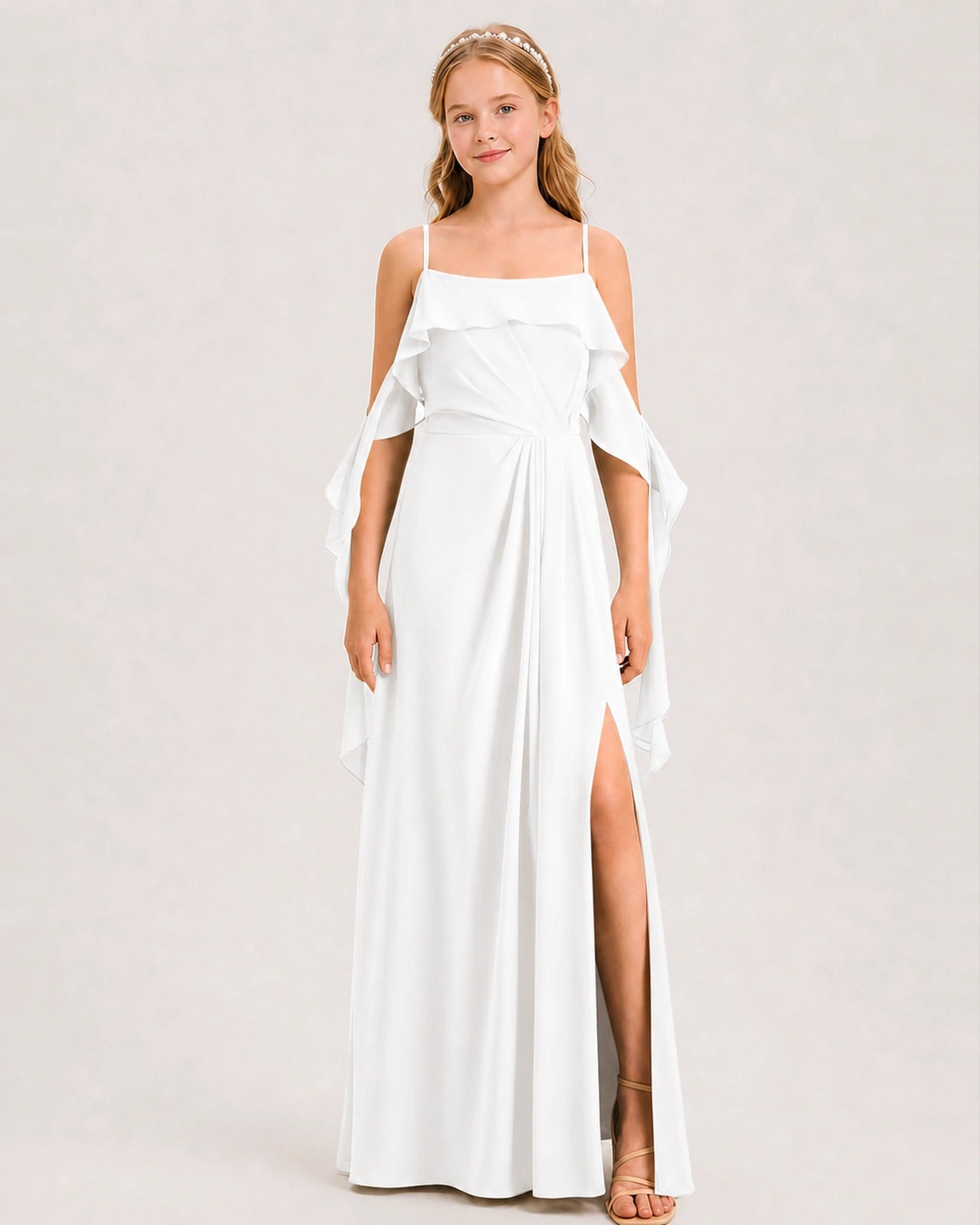 Ivory Junior Bridesmaid Dress Cold-Shoulder Ruffle Asymmetric Draped Slit Chiffon A-Line Gown Front Full View