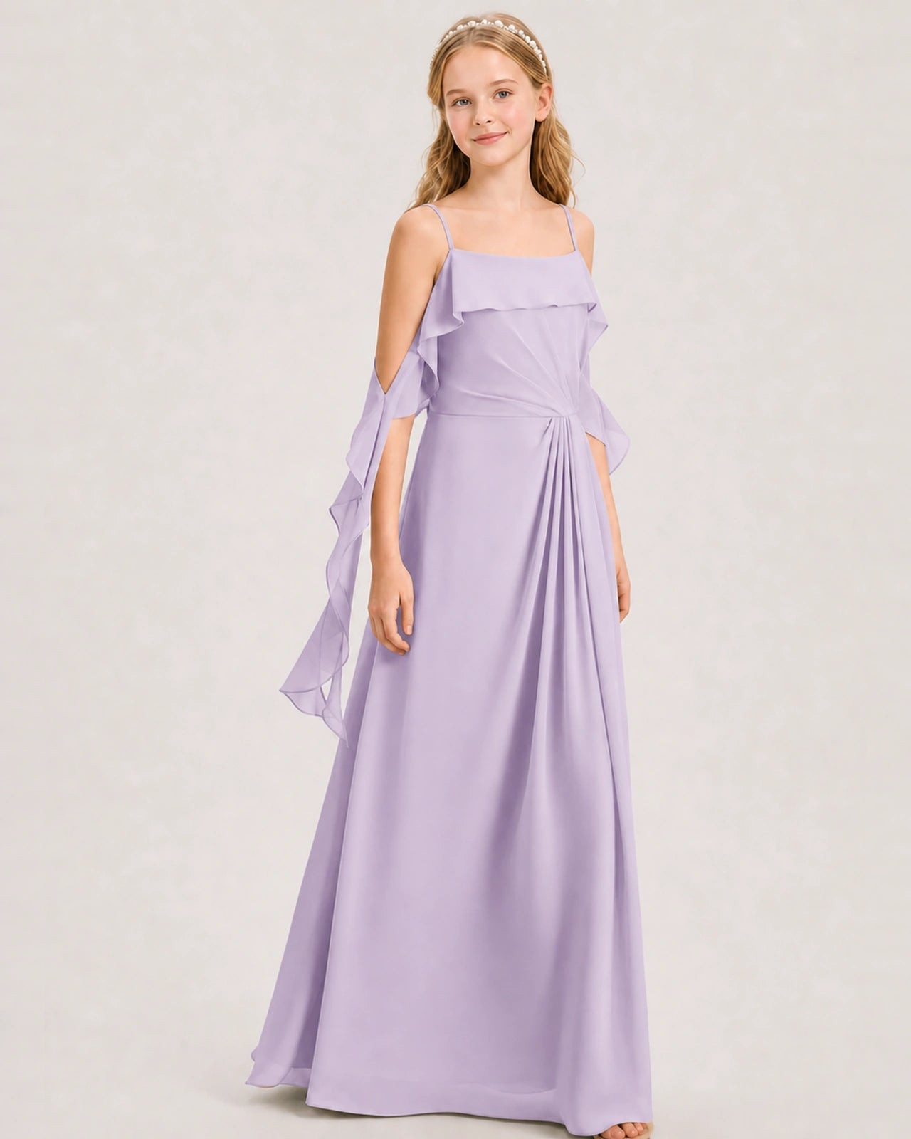 Lavender Junior Bridesmaid Dress Cold-Shoulder Ruffle Asymmetric Draped Slit Chiffon A-Line Gown Front Full View