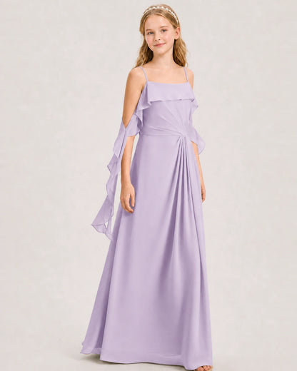 Lavender Junior Bridesmaid Dress Cold-Shoulder Ruffle Asymmetric Draped Slit Chiffon A-Line Gown Front Full View