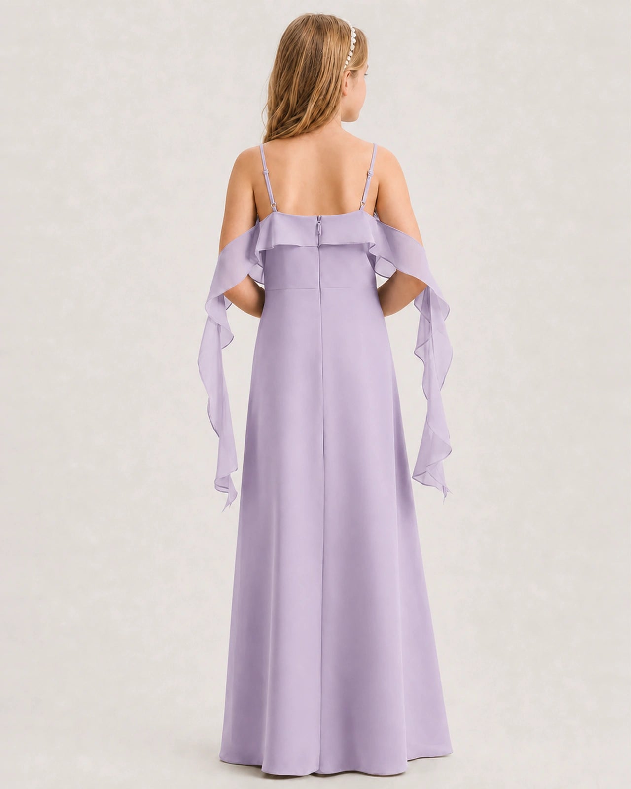 Lavender Junior Bridesmaid Dress Cold-Shoulder Ruffle Asymmetric Draped Slit Chiffon A-Line Gown Back Full View