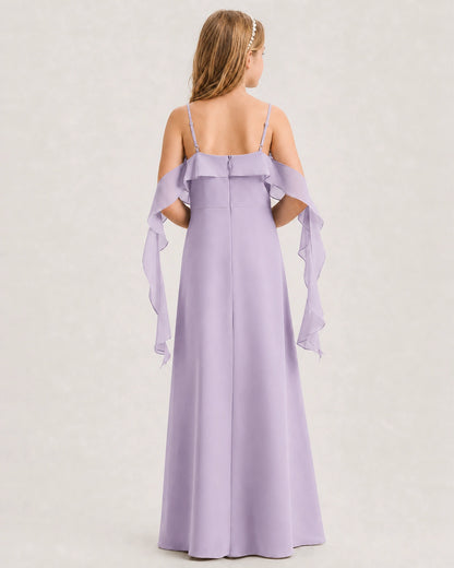 Lavender Junior Bridesmaid Dress Cold-Shoulder Ruffle Asymmetric Draped Slit Chiffon A-Line Gown Back Full View