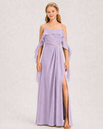 Lavender Junior Bridesmaid Dress Cold-Shoulder Ruffle Asymmetric Draped Slit Chiffon A-Line Gown Front Full View