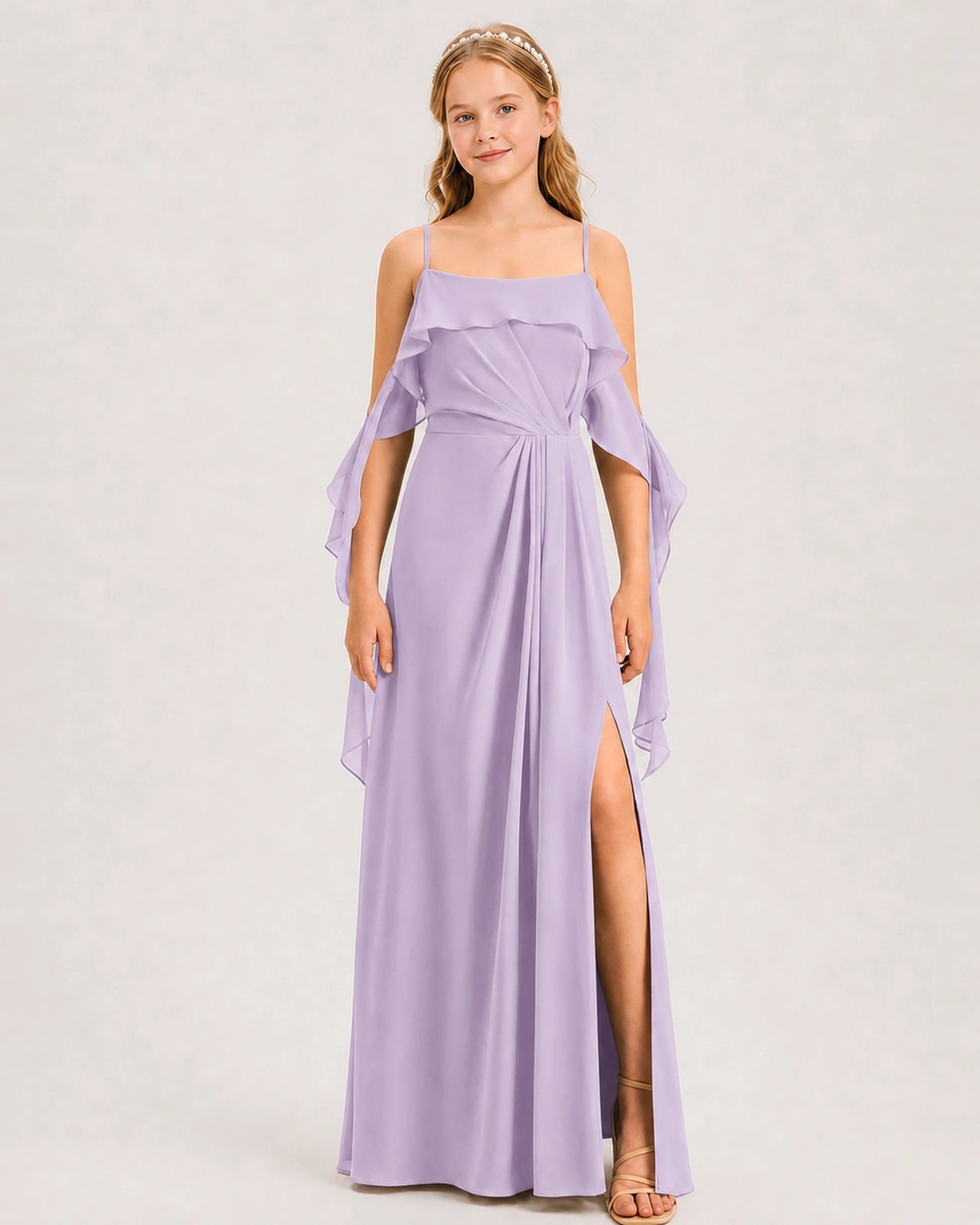 Lavender Junior Bridesmaid Dress Cold-Shoulder Ruffle Asymmetric Draped Slit Chiffon A-Line Gown Front Full View
