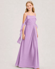 Lilac Junior Bridesmaid Dress Cold-Shoulder Ruffle Asymmetric Draped Slit Chiffon A-Line Gown Front Full View