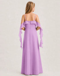 Lilac Junior Bridesmaid Dress Cold-Shoulder Ruffle Asymmetric Draped Slit Chiffon A-Line Gown Back Full View