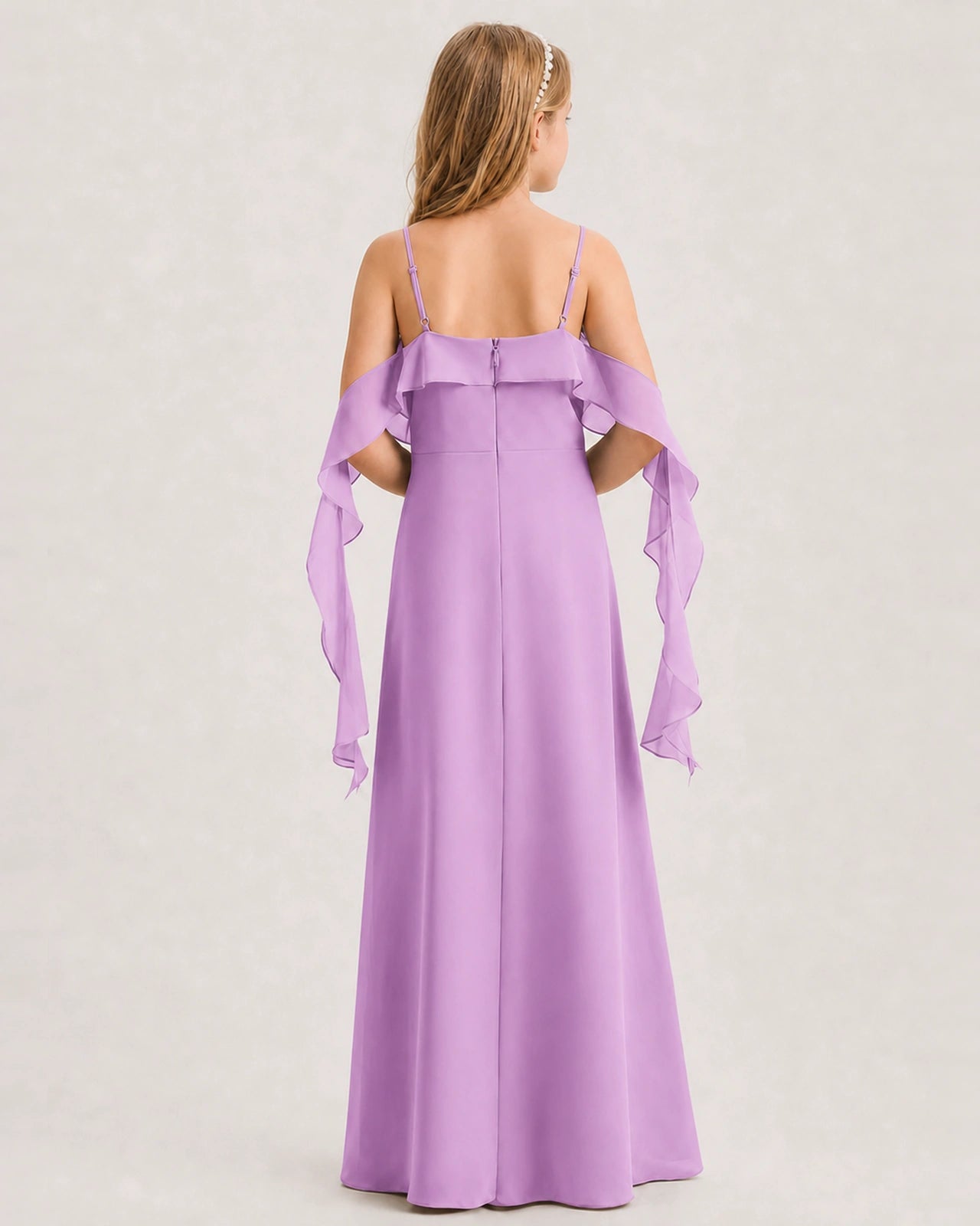 Lilac Junior Bridesmaid Dress Cold-Shoulder Ruffle Asymmetric Draped Slit Chiffon A-Line Gown Back Full View