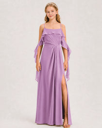 Lilac Junior Bridesmaid Dress Cold-Shoulder Ruffle Asymmetric Draped Slit Chiffon A-Line Gown Front Full View