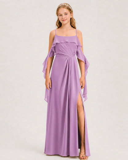 Lilac Junior Bridesmaid Dress Cold-Shoulder Ruffle Asymmetric Draped Slit Chiffon A-Line Gown Front Full View