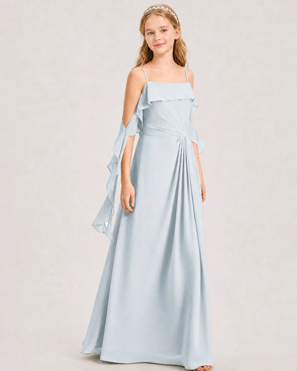 Mist Junior Bridesmaid Dress Cold-Shoulder Ruffle Asymmetric Draped Slit Chiffon A-Line Gown Front Full View