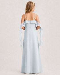 Mist Junior Bridesmaid Dress Cold-Shoulder Ruffle Asymmetric Draped Slit Chiffon A-Line Gown Back Full View