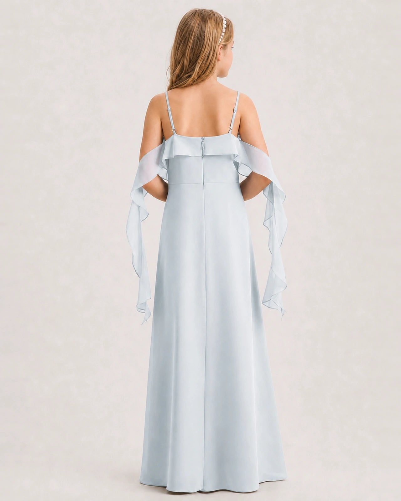 Mist Junior Bridesmaid Dress Cold-Shoulder Ruffle Asymmetric Draped Slit Chiffon A-Line Gown Back Full View
