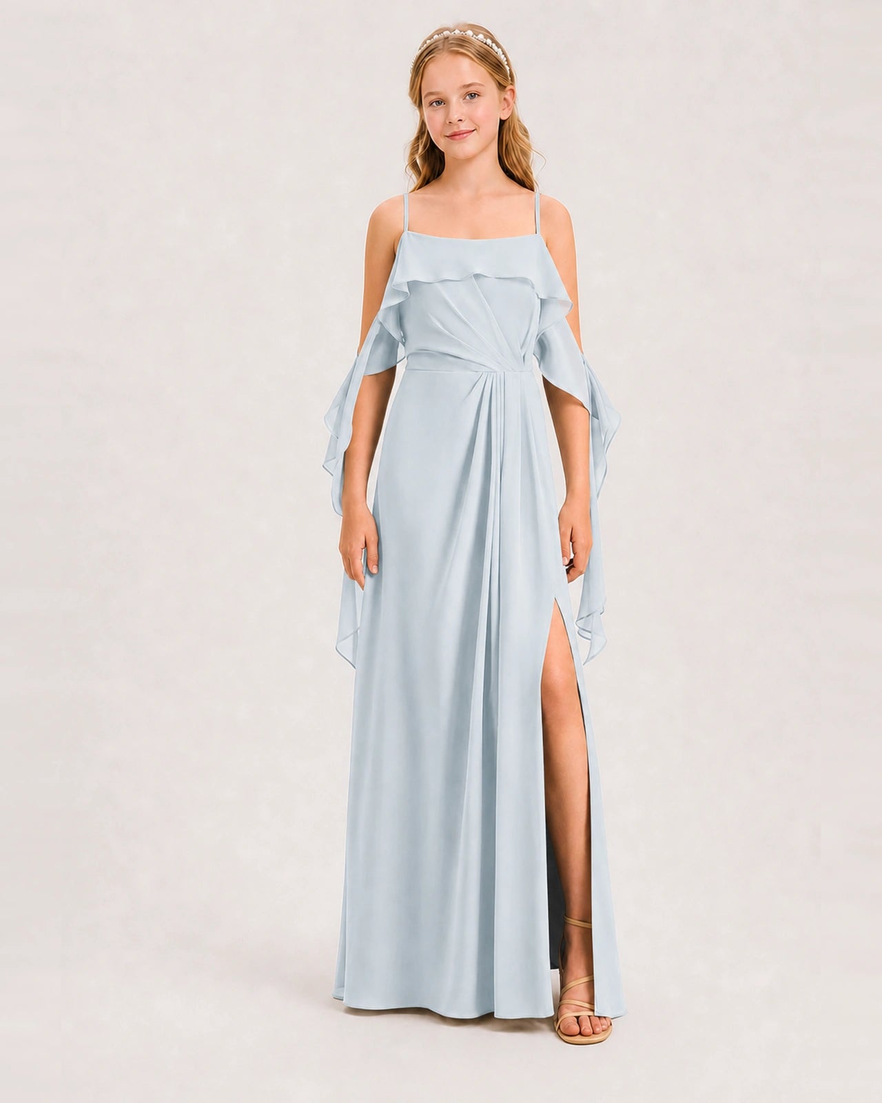 Mist Junior Bridesmaid Dress Cold-Shoulder Ruffle Asymmetric Draped Slit Chiffon A-Line Gown Front Full View