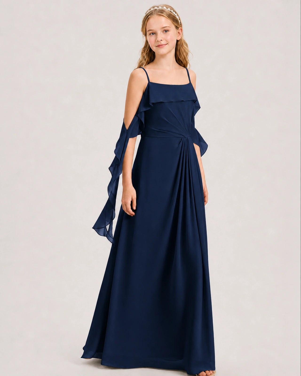 Navy Blue Junior Bridesmaid Dress Cold-Shoulder Ruffle Asymmetric Draped Slit Chiffon A-Line Gown Front Full View