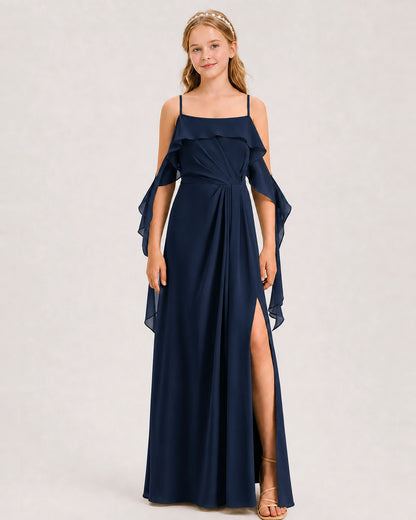 Navy Blue Junior Bridesmaid Dress Cold-Shoulder Ruffle Asymmetric Draped Slit Chiffon A-Line Gown Front Full View