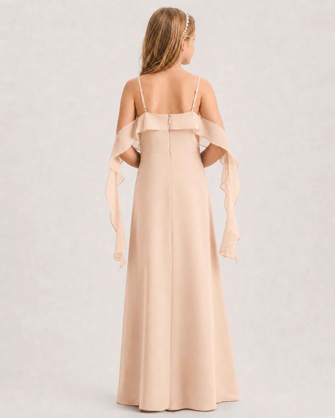 Peach Junior Bridesmaid Dress Cold-Shoulder Ruffle Asymmetric Draped Slit Chiffon A-Line Gown Back Full View