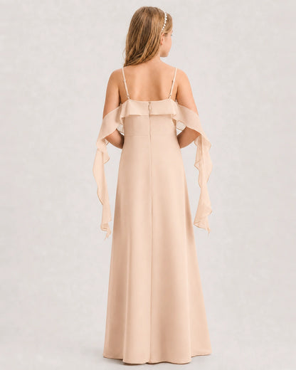 Peach Junior Bridesmaid Dress Cold-Shoulder Ruffle Asymmetric Draped Slit Chiffon A-Line Gown Back Full View