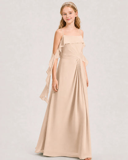 Peach Junior Bridesmaid Dress Cold-Shoulder Ruffle Asymmetric Draped Slit Chiffon A-Line Gown Front Full View