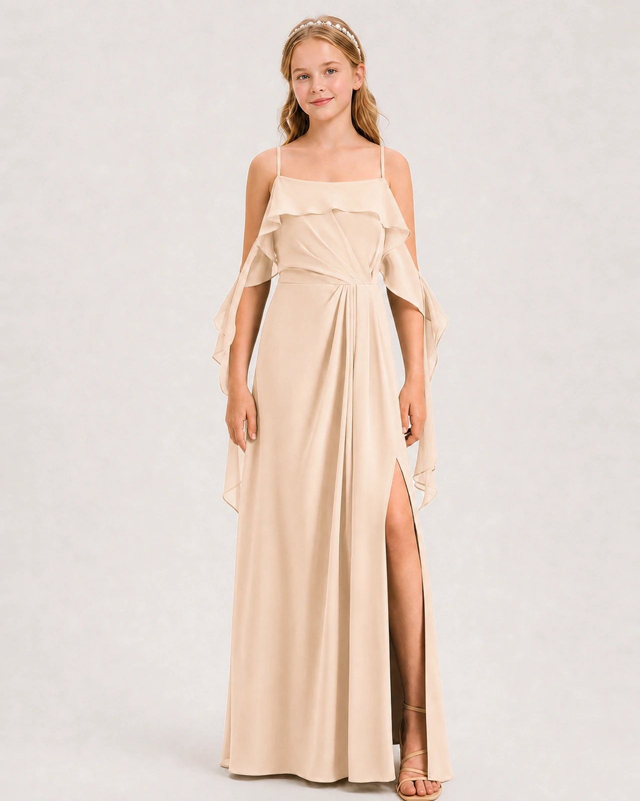 Peach Junior Bridesmaid Dress Cold-Shoulder Ruffle Asymmetric Draped Slit Chiffon A-Line Gown Front Full View